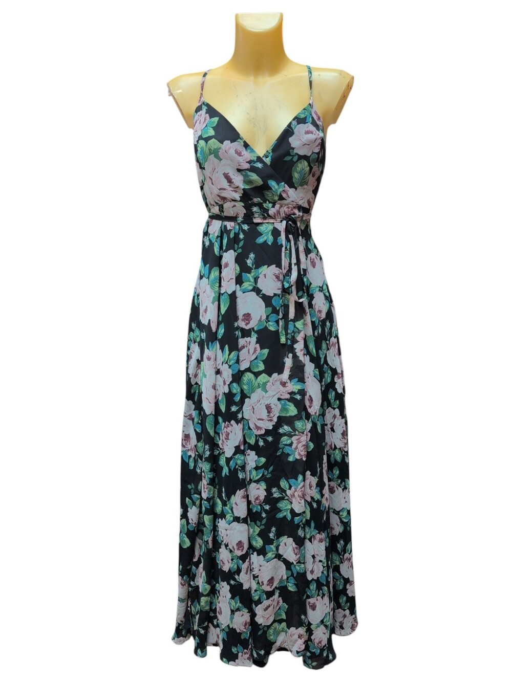 LULU'S Black Pink Green Floral Flowy Spaghetti Strap Maxi Dress